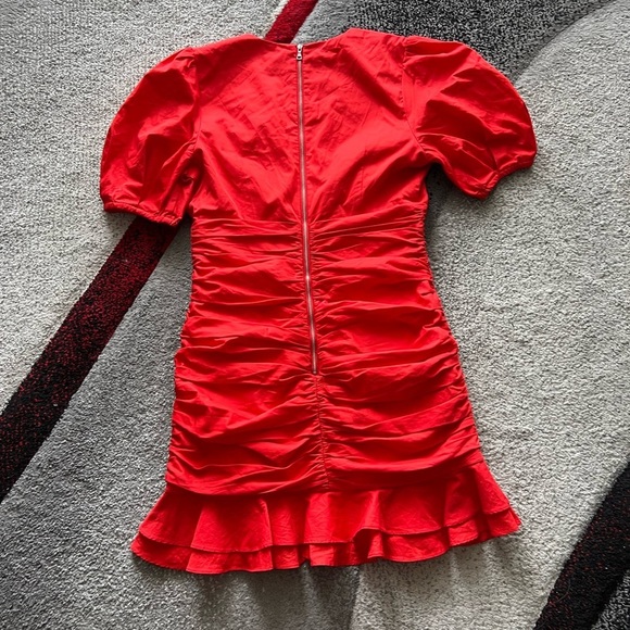 Bardot Revolve Red Ruched Puff Sleeve Ruffle Hem Mini Dress - Picture 6 of 7
